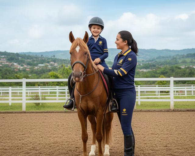 Niña recibiendo clase de equitación con instructora en pista del club ecuestre en Barrancabermeja