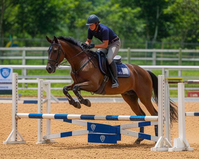 Jinete entrenando salto ecuestre con caballo en pista del club en Barrancabermeja