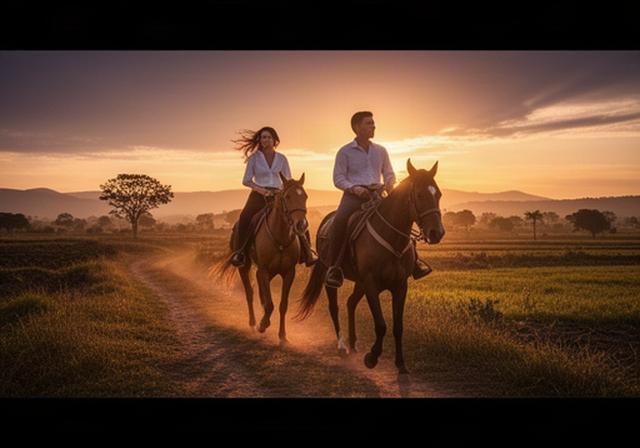 Pareja en paseo premium a caballo al atardecer con vista a paisajes rurales de Barrancabermeja